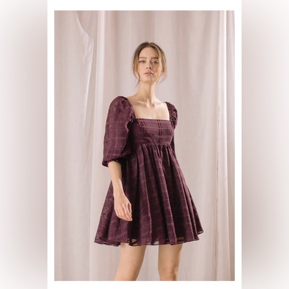 Storia Monochromatic Plaid Baby Doll Mini Purple Dress Size Small - Picture 5 of 14